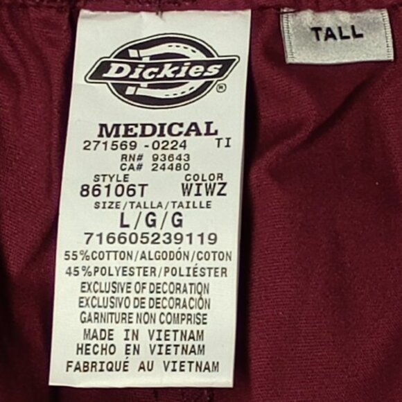 Dickies Women's Tall Pull-on Scrub Pant Size L Color Wine Style# 86106 - Picture 2 of 6
